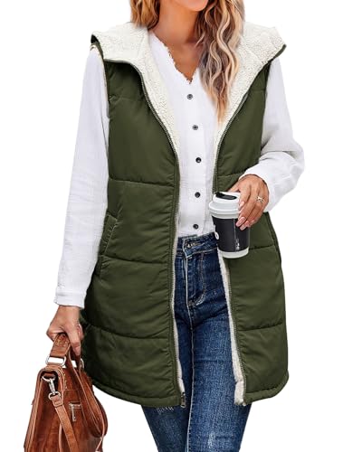XIEERDUO Long Puffer Vest Women Hooded Sleeveless 2024 Fall Winter Fleece Coat Zip Up Sherpa Lined Jacket Pockets Reversible Quilted Army Green M