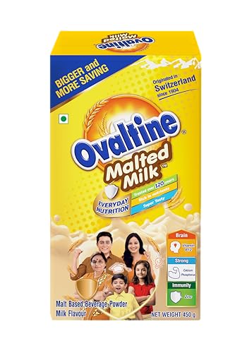 Image of OVALTINE Malted Health Drink Milk Powder, Health Drink for Kids & Adults, Malt Based Nutrition Drink with Vitamins & Minerals, Easy Mix Milk Powder for Daily Energy & Wellness, 450g (Pack of 1)