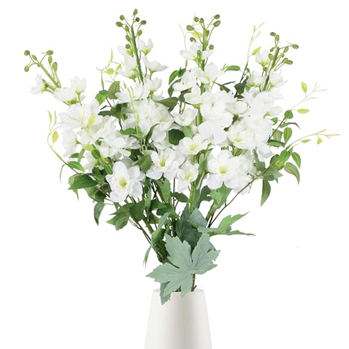 ICBOX 8PCS Artificial Delphinium White Flowers with Clematis Greenery Long Stem Artificial Flowers Cream for Tall Vase for Home Wedding Floral Arrangement Centerpiece Table Decor (Cream White)