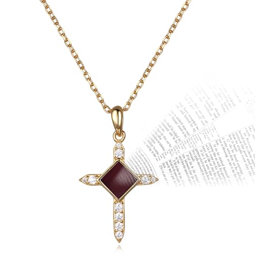 Colar de cruz com versículo bíblico para mulheres – Pingente cristão banhado a ouro com nano chip do...
