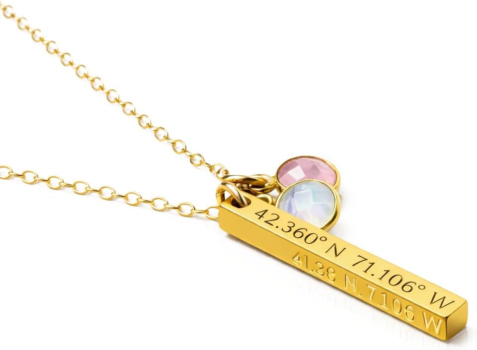 Engraved 3D Bar Necklace with Birthstone • Custom Sterling Silver or Gold Vermeil Pendant • Necklace with Names, Dates, or Initials • Dainty 4 Sided Vertical Bar Necklace • Mother's Day for Women