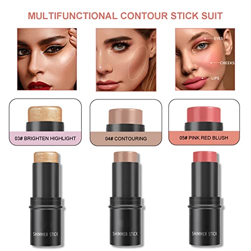 3 Pcs Highlighter Blush Contour Makeup Stick Set,Face Highlighter Highlight Makeup Stick,Matte Cream Blush Stick,Mineral Cream Contour Stick,Long-Lasting,Water-Proof And Sweat-Proof Makeup Sticks Set #TOP1