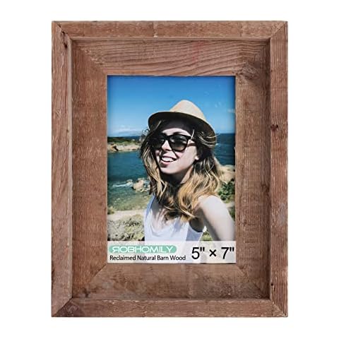 Robhomily Reclaimed Barnwood 5x7 Picture Frame,Farmhouse Rustic Distressed Wood Photo Frame, 100% Reclaimed Natural Barn Wood with Real Glass, Wall &Tabletop Frame for Home Decor. Cover