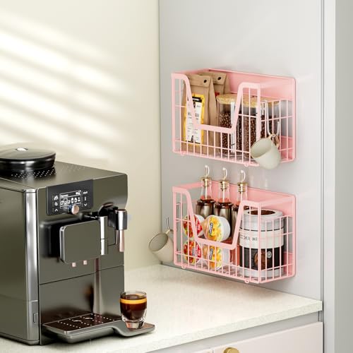 Image of Pink Magnetic Shelf for Fridge, 2 Set Magnetic Fruit Baskets for Refrigerator Magnet Shelves, Potato and Onion Storage Bins, Magnet Holder Wire Basket for Laundry Room Pantry Kitchen Organizer