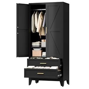 71″ Tall Metal Wardrobe Cabinet with 2 Drawers and Hanging Rod, 2 Doors Armoire Wardrobe Closet with Shelf for Bedroom, Office, Laundry Room, Black