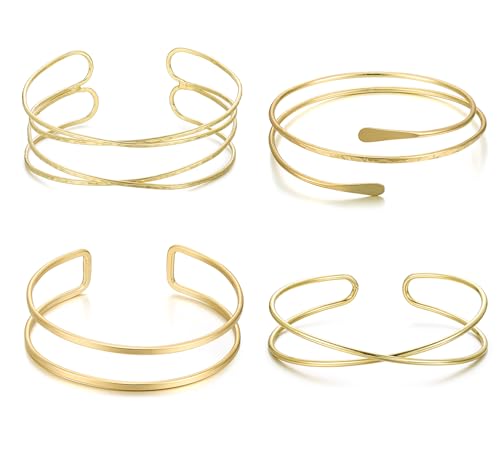 YVVLEE 4 Pieces Gold Arm Cuff Bracelets Set Jewelry Upper Coil Bangle Bracelets Adjustable Armband Set for Women