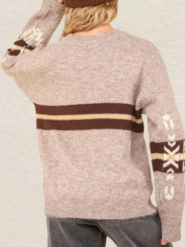 Womens Loose Fit Argyle Graphic Aztec Western Sweater Long Sleeve Crewneck Pullover Tops2