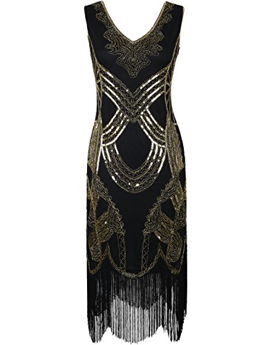 PrettyGuide Mujeres 1920s Gatsby Art Deco Lentejuela con Flecos de Coctel Vestido De Charleston XL Todo Oro