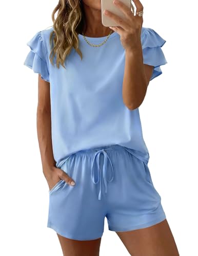Image of Ekouaer Womens Pajama Sets 2 Piece Ruffle Sleeves Top and Shorts Pjs | Soft Sleepwear Cute Loungewear Set with Pockets for Sleep, Lounge, Wedding, Party, Bridal