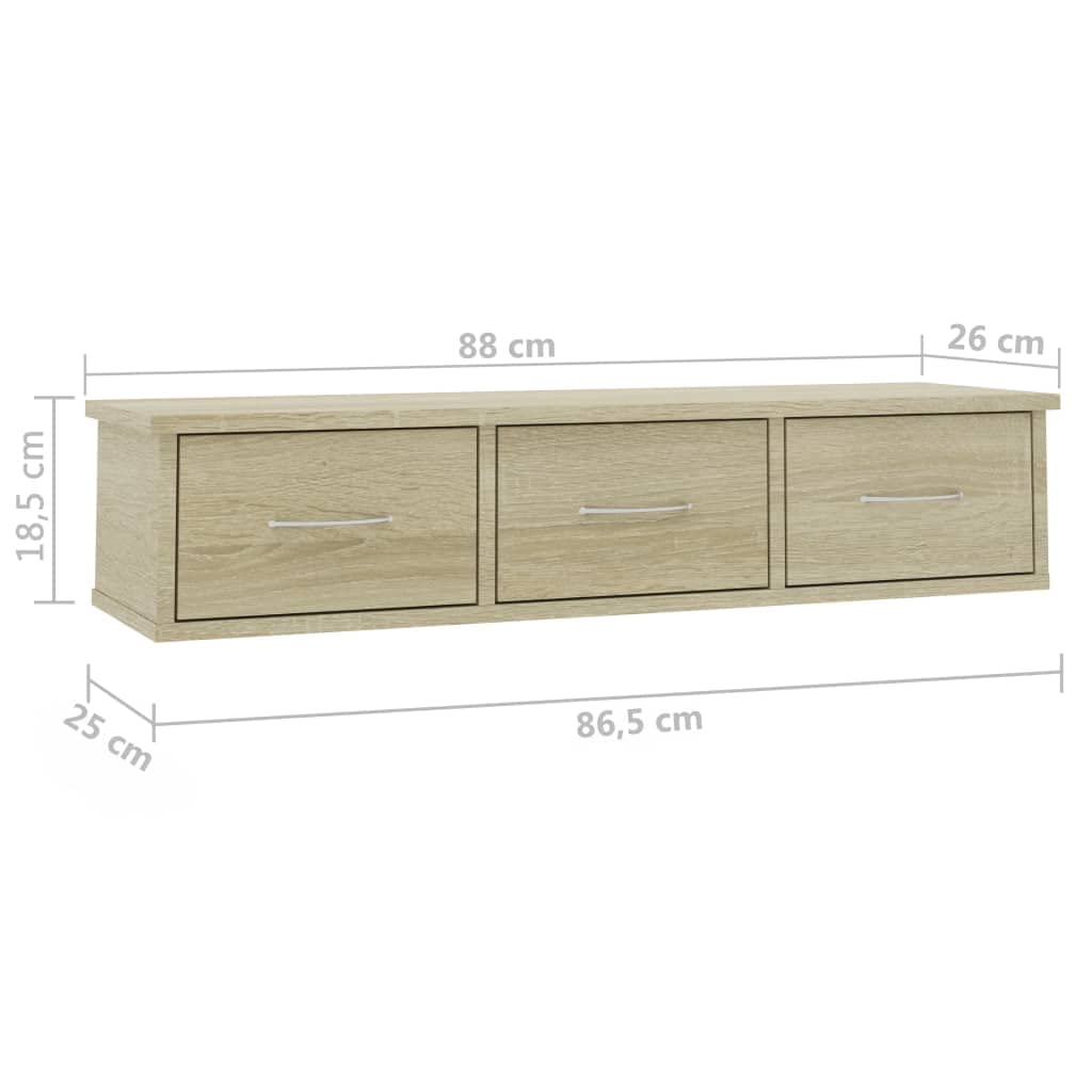 vidaXL Wand Schubladenregal mit 3 Schubladen Wandregal Wandschrank Hängeschrank Wandgarderobe Hängeregal Sonoma-Eiche 88x26x18,5cm Holzwerkstoff