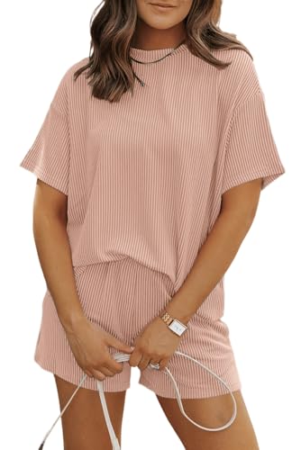 Image of Womens Pajama Sets 2 Piece Pjs Sleepwear Soft Comfy Short Sleeve Tops and Shorts Lounge Set Loungewear Outfit