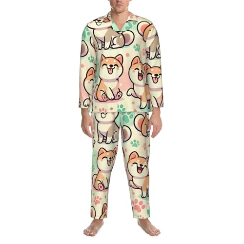 Mens Long Sleeves Pajama Set Shiba Inu Akita Funny Cozy Two-Piece Loungewear For Nighttime Comfort,Casual Wear4