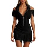Générique Robe Moulante Courte à Franges épaules dénudées Style Western pour fêtes Estivales Tenue féminine décontractée (Black, M)