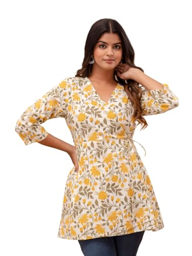 Image of feranoid Floral Print Angrakha 3 Sleeves Flared Kurti