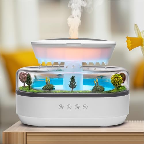 BLOIMP Essential Oil Diffuser 250ML Cloud Humidifier Rain Water Drip Diffuser Humidifier with Drip Music Micro Landscape Ultrasonic Diffuser for Bedroom Office Hotel (White Grey)