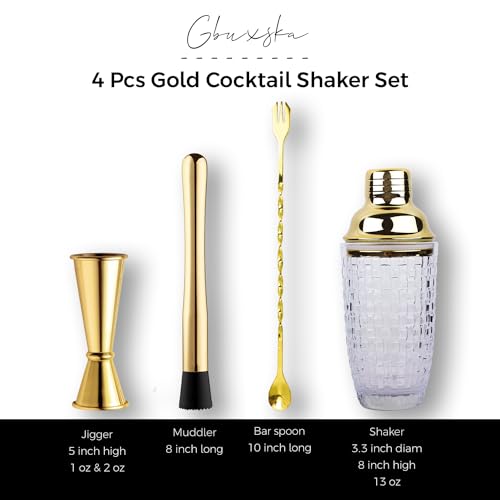 Gbuxska Gold Cocktail Shaker Set - Premium Glass Bartender Kit with Measuring Jigger, Mixing Spoon, and Muddler