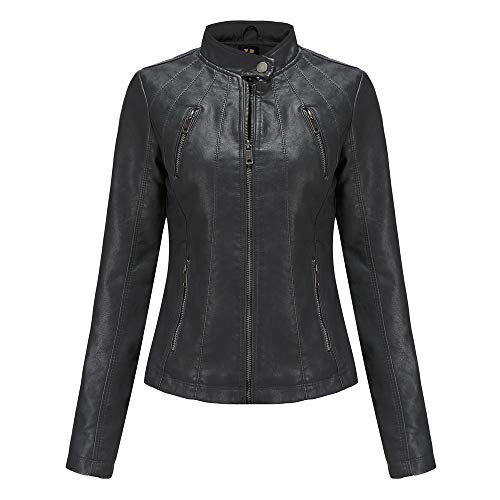 Femmes Véritable Cuir Véritable Faux Cuir Vestes Veste Dames Slim Fit Moto Veste (Black Gray,L) Cover