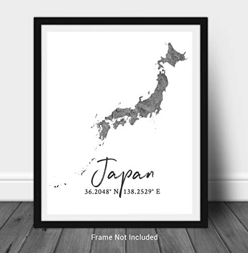 Japan Map Wall Art Print - 8X10 Silhouette Decor Print With Coordinates. Makes A Great Japanese-Themed Gift. Shades Of Grey, Black & White. #TOP1