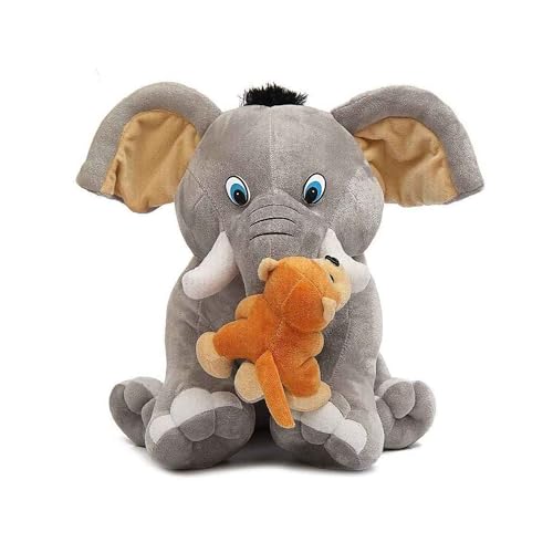 Image of DearJoy Baby Elephant with Monkey Soft Toy Grey - Height 35Cm