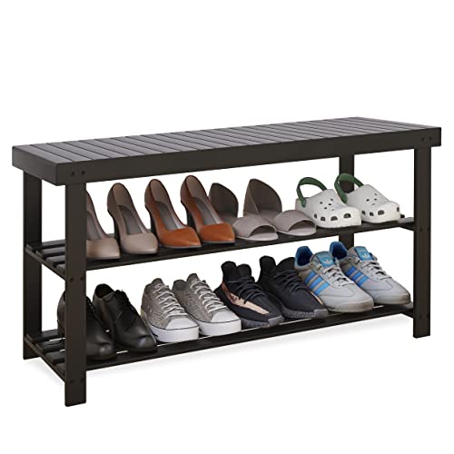 SMIBUY Zapatero organizador de banco, estante de almacenamiento de zapatos de bambú de 3 niveles para entrada, pasillo, armario o sala de estar (negro) Cover