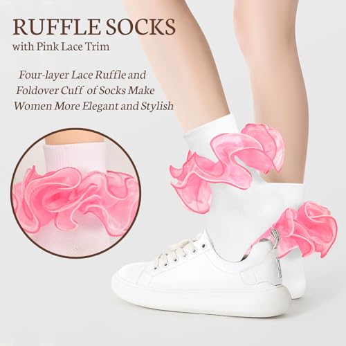 Image of Women Ruffle Socks with 4-Layer Big Frilly Lace Turn Cuff Dress Socks Adult Soft Cotton Fancy Frilly Sock