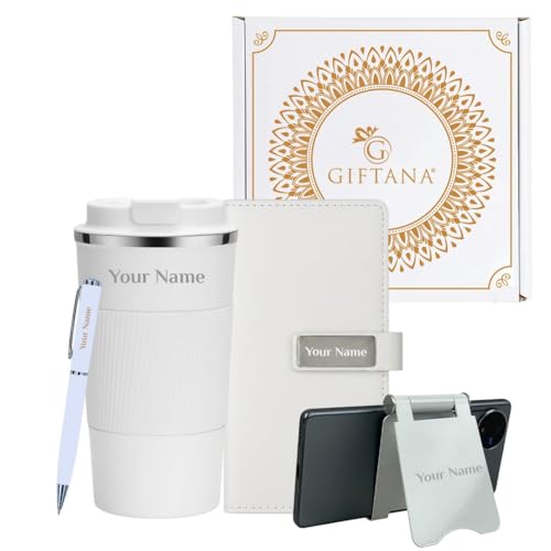 Image of Giftana 4 in 1 Personalized Diary with Pen, Mobile Stand and Coffee Tumbler 510ml Gift Set for Men & Women, Customized Gifts for Doctors, Personalised New Year Corporate Gift Set for Employee (White)