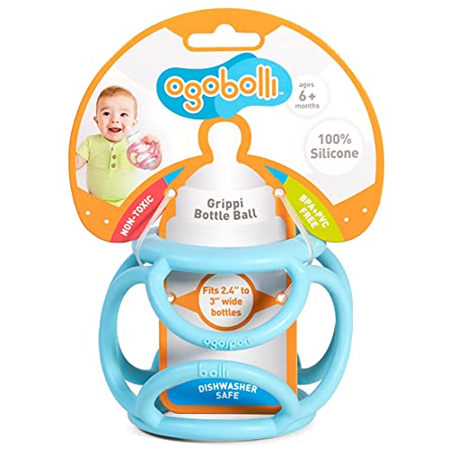 Image of OgoBolli Grippi Baby Bottle Holder and Sensory Teether Toy for Babies - for 2.4"-3" Wide Bottles - Made from Safe, Stretchy Silicone, Non-Toxic, PVC, BPA and Phthalate Free - Ages 6+ Months - Blue