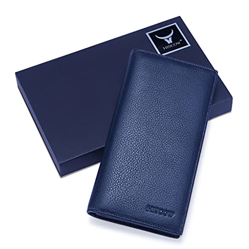Image of HISCOW Full Grain Leather Men's Long Wallet, 15 Card Slots, Pebbled Blue, 6.97 inchH x 3.5 inchW x 0.98 inchD, Classic | Gusseted bill compartment, tall bifold design, clear ID window, ideal for coat pockets or briefcases, turned-edge, gift box