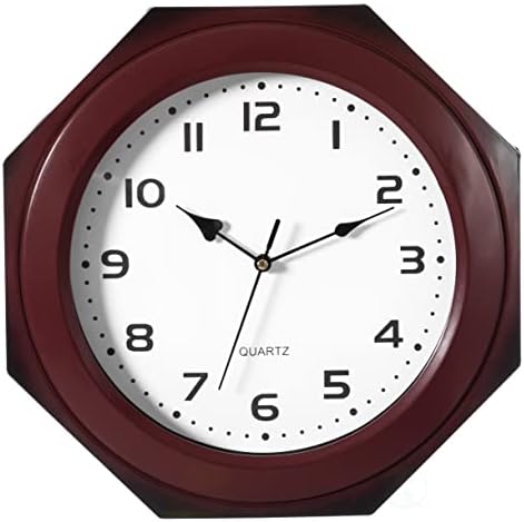 Quickway Imports Brown Modern Decorative Octagon Shaped Wood- Looking Plastic Wall Clock for Living Room, Kitchen, or Dining Room
