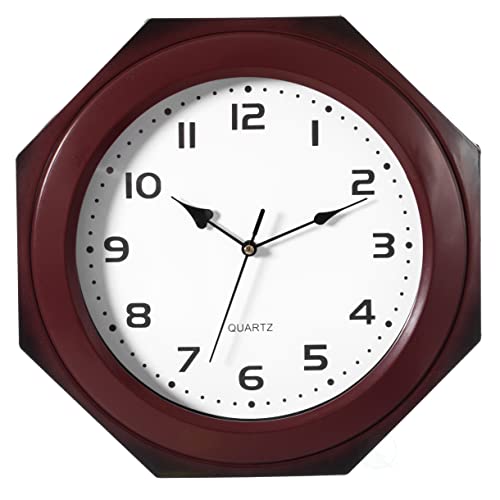 Clockswise Quickway Imports Brown Modern Decorative Octagon Shaped Wood- Looking Plastic Wall Clock for Living Room, Kitchen, or Dining Room