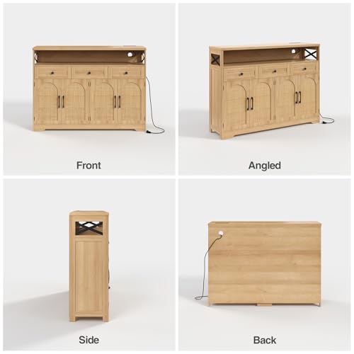 Befrases Sideboard Buffet Cabinet, 51.2\'\' Buffet Storage Cabinet with Rattan Doors and Drawers, Wood Coffee Bar with Storage for Kitchen, Dining Room, Living Room