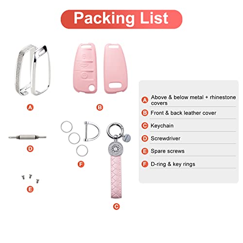 Shanghong Compatible With Audi Key Fob Cover With Keychain Genuine Leather Crystal Full Protection Key Case Shell Fit For Audi A1 A3 Q3 Q7 R8 A6L Tt Smart Key-Pink #TOP6