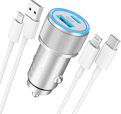 iPhone Car Charger Apple MFi Certified,Belcompany 38W All Metal USB C Car Charger Fast USB Car Charger Adapter with 2Pack Lightning Cable PD&QC 3.0 Dual Port Car Quick Charging for iPhone/iPad/Airpods