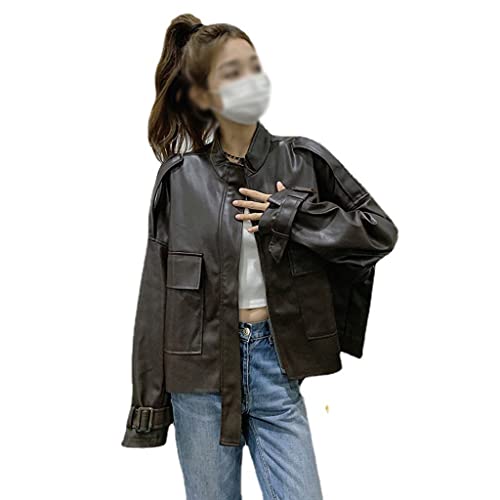Houkai Small Loose-Fitting Stand-Up Collar Short Section Leather Jacket Locomotive Loose Casual Hundred Jacket Jacket Female (Color : White-Patch Five-Pointed Star4, Size : Small) #TOP18