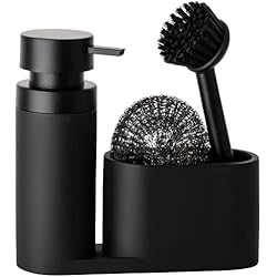 Fregadero Piedra Artificial Black Sweden Home® Organizador de fregadero de diseño de piedra artificial con cepillo y esponja de acero – Juego de organizador de cocina negro mate – almacenamiento y organización de cocina