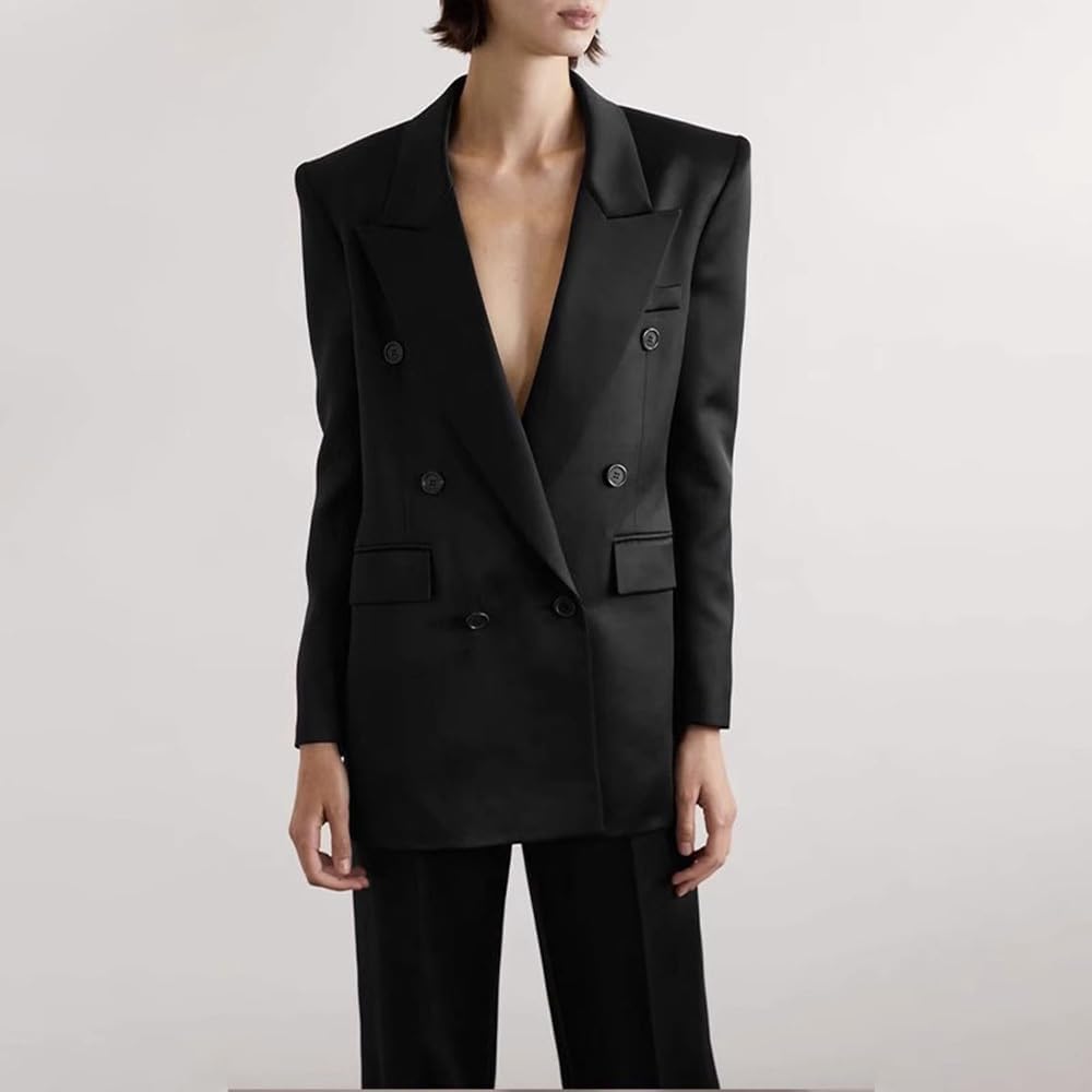 Women's Satin Tuxedos Blazer Double Breasted Suit Coat Peak Lapel Formal Wear Outfit Jacket