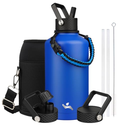 Image of Konokyo Insulated Water Bottle with Straw,87 oz 3 Lids Water Jug with Carrying Bag,Paracord Handle,Double Wall Vacuum Stainless Steel Metal Flask,Blue