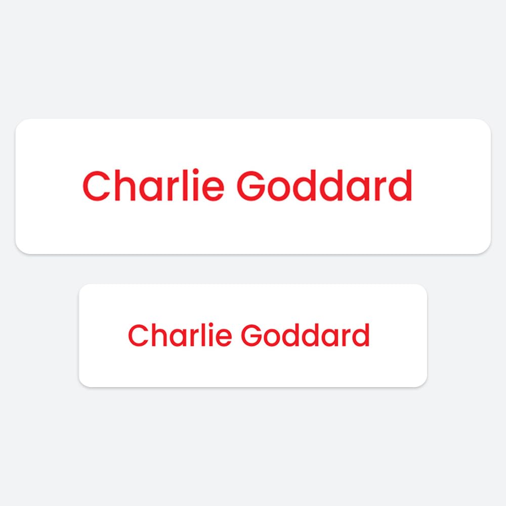 50 x No Iron Medium Personalised Stick On Waterproof Washable Name Labels Great for Clothes, School Uniform, Equipment, Shoes and More. School, Nursery, Day Care, Hospital - White with Red Text โ image 1