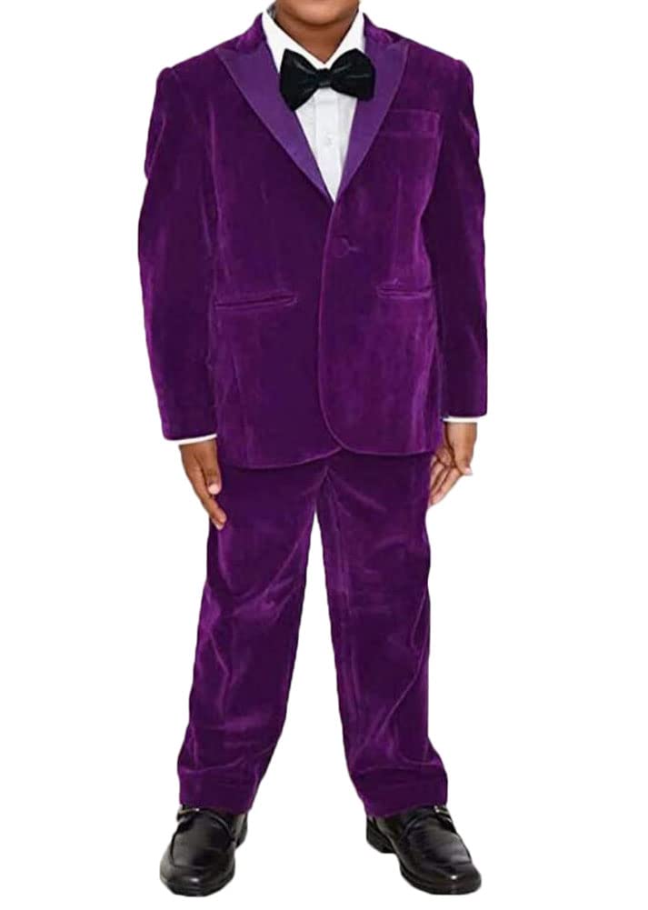 Botong Boys Purple 2 Pc Velvet Party Suits Notch Lapel Blazer Pants Formal Suits Flower Tuxedos For Wedding 6T