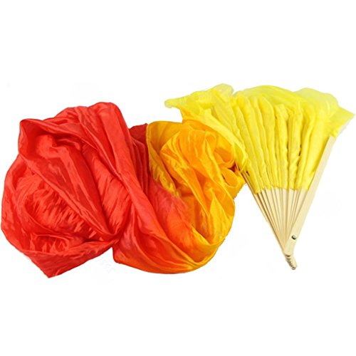 Sarora dance fan, Colorful Belly Dance Bamboo Long Silk Fans Veils 4 Colors Hand Made Silk Fan (Yellow + Orange + Red)
