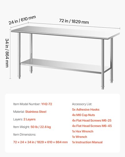 Image of VEVOR Stainless Steel Work Table, 24x72 Inch Food Prep Table, Commercial Kitchen Workstation with Adjustable Undershelf, Metal Heavy Duty Utility Worktable, for Restaurant Home Hotel Garage Outdoor
