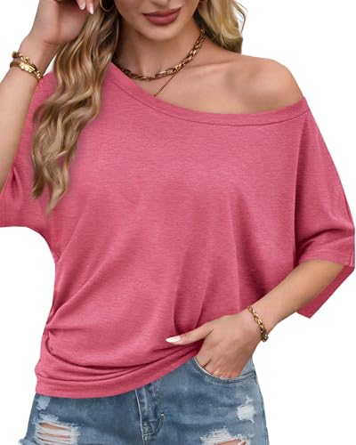 Image of Hilinker Womens Sexy Off The Shoulder Tops Short Batwing Sleeve T Shirt Oversized Casual Tee Heather Pink Medium