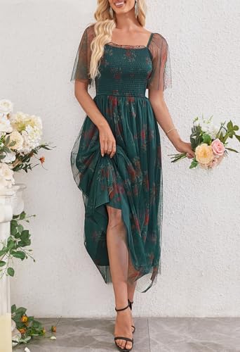 MEROKEETY Women's 2025 Summer Short Sleeve Floral Tulle Dress Square Neck Smocked Party Wedding Boho Maxi Dresses3