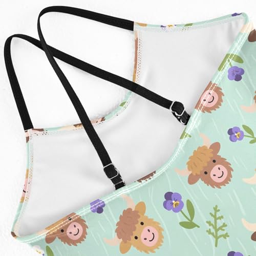 senya Girls Swimsuits One-Piece Swimwear Tie Bathing Suit Beach Summer Round Neck 5-6T Cartoon Highland Cattle Flowers Pattern4