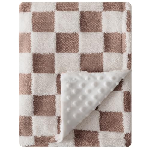 Image of Soft Black and White Checkered Baby Blankets for Unisex Girls or Boys Breathable Gender Neutral Nursery Double Layer Blankets with Dotted Backing for Newborn Toddlers (Minky Brown)