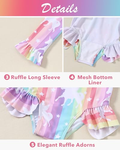 Toddler Girls Long Sleeve Swimsuit One Piece Ruffle Zipper Rash Guard Bathing Suit UPF 50+ Kid Swimwear 1-6 Years4
