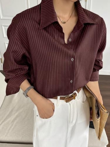 Image of GRECIILOOKS Striped Shirt for Women | Korean Style Full Sleeve Oversized Button Down Shirts | Tops for Women | Shirt for Woman | Plus Size Top for Office & Casual Outfit