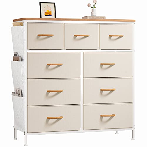 REIBII チェスト 4段9杯 タンス 収納 洋服タンス 134L大容量 おしゃれ リッピング収納 サイド袋&金属フック付き 箪笥 組立簡単 転倒防止 衣装棚 衣類収納 【幅81×奥行30×高さ93cm】 木製 引き出し 北欧? ベージュ