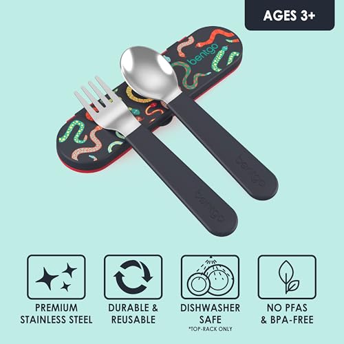 Image of Bentgo Kids Stainless Steel Utensil Set - Reusable Fork, Spoon & Storage Case, PFAS- & BPA-Free, Easy-Grip Handles, Lightweight, Dishwasher Safe, School Lunch, Travel & Outdoors (NEW Sssnakes)