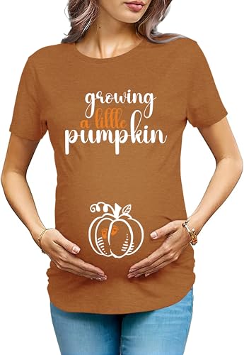 OCURHU Thanksgiving Pregnancy Shirt Growing A Little Pumpkin Graphic Tshirt 2025 Fall Pregnancy Announcement Tops Brown M